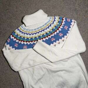 LL‎ Bean Sweater Womens XS White Fair Isle Cotton Cashmere Turtleneck Size XS
